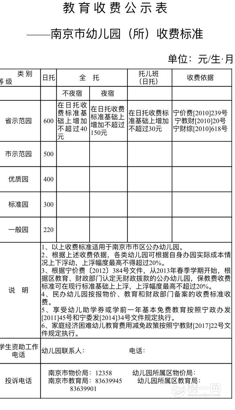 南京幼儿园教育收费标准