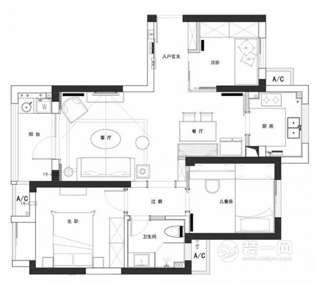 93平米三居室户型图