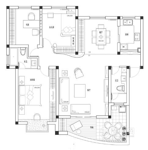 113平米三室两厅两卫设计图