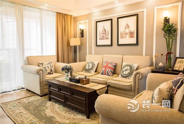武汉融科天域122平米美式风格三居室沙发背景墙装修设计图