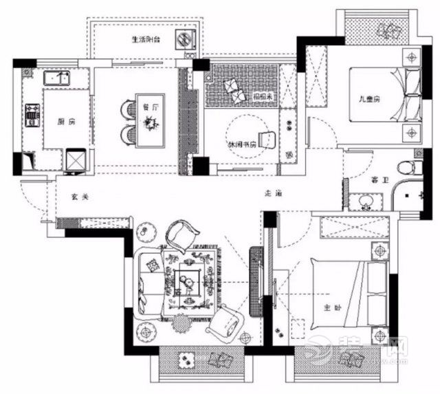 98平米三居室户型图
