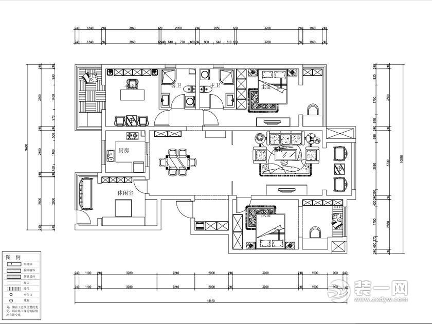 新中式风格150平米四居室户型果图