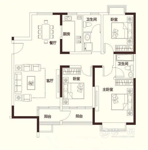 141平米三室两厅简约中式装修案例户型图