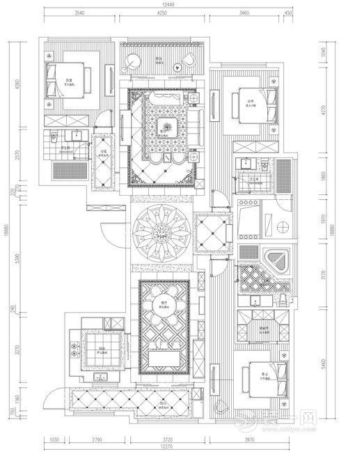 168平米四居室欧式古典风格装修户型图