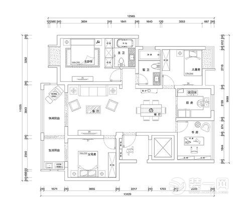142平米三居室欧式古典装修案例户型图