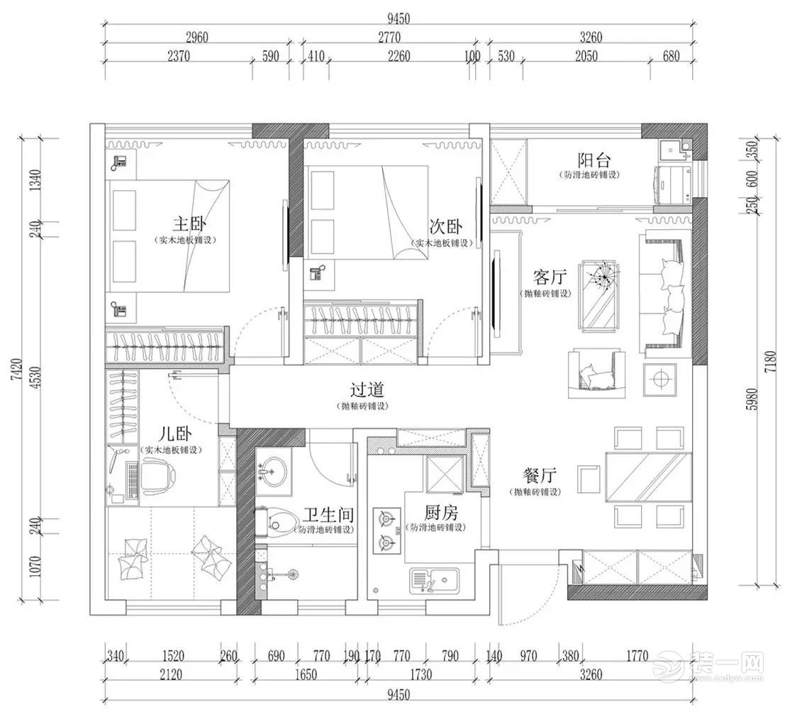 89平米三居室户型图