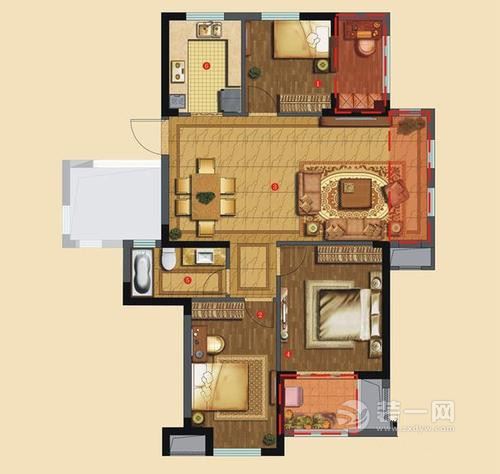 108平米三居室中式古典风格装修户型图