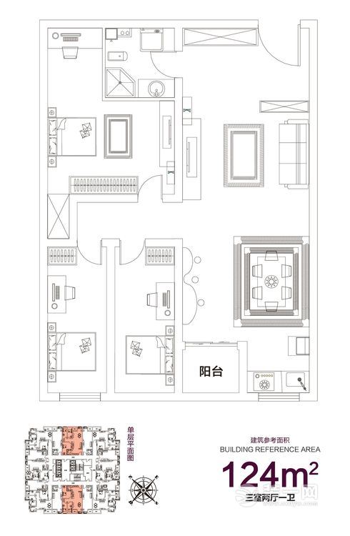 124平米三居室简欧风格设计案例户型图