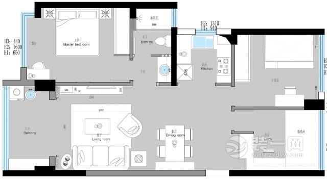 89平米三居室户型图