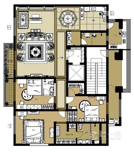 135平米三居室西式古典风格案例户型图