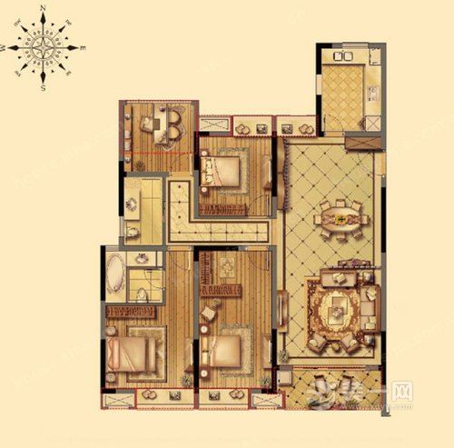 138平四居室新古典风格装修效果图户型图