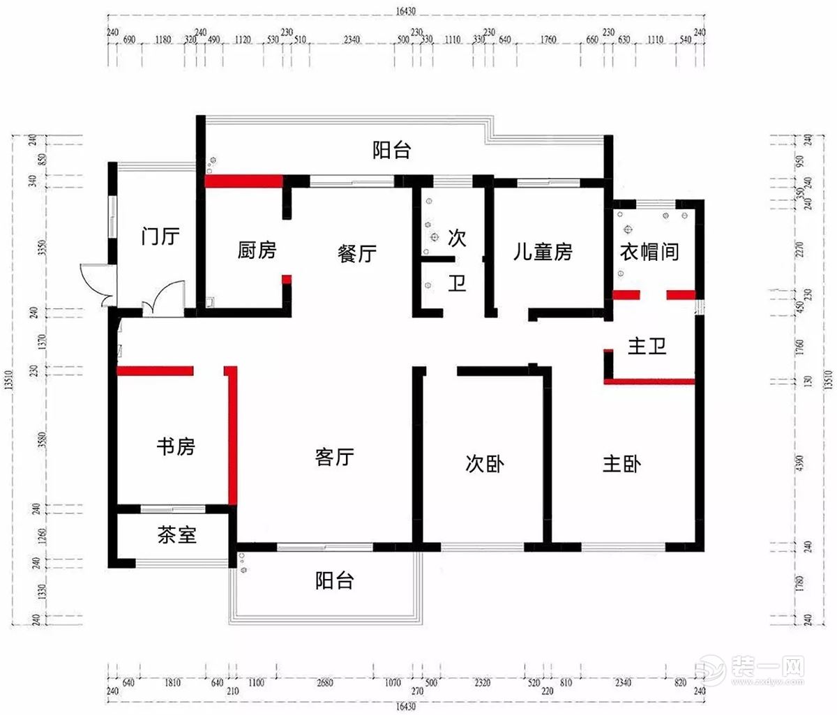 天津中央公园180平米四居室原始拆改示意图