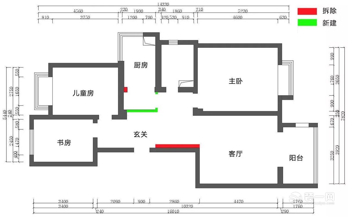 天津泉春里121平米三居室拆改示意图