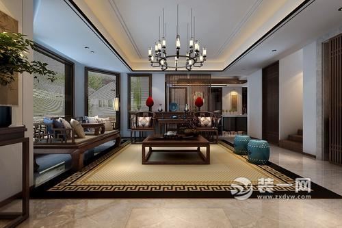 200平别墅中式古典风格设计案例参考客厅图