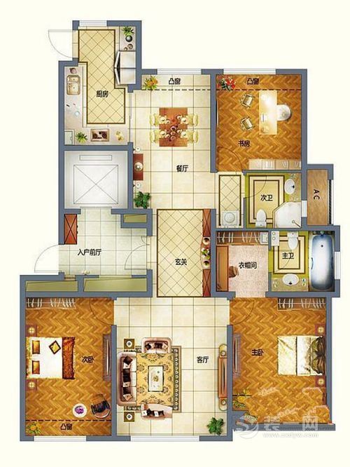 149平米三居室东南亚风格装修案例户型图