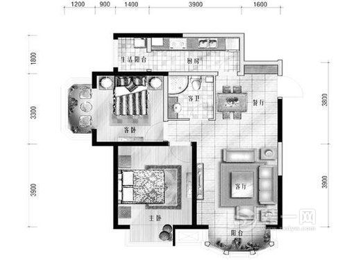 103平三房现代简约风格装修户型图