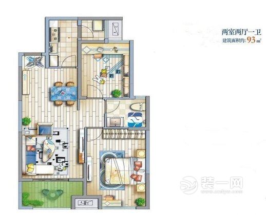 93平米二居室日韩风格装修效果图户型图