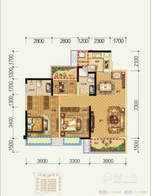 105平三居室简欧风格装修样板间户型图