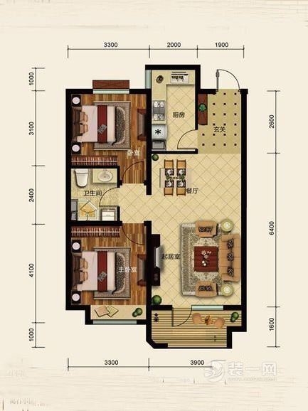 90平二居室现代简约风设计案例户型图