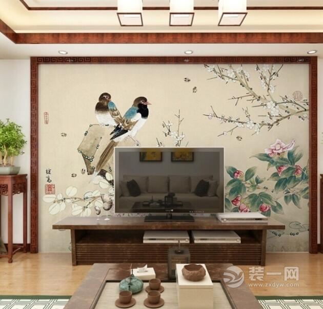 中国风电视背景墙效果图大全 花鸟电视背景墙