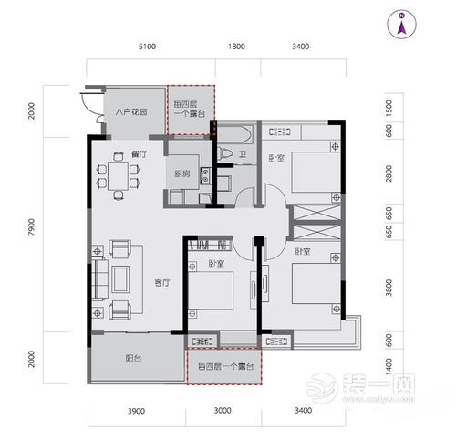 118平三居室中式风格装修案例户型图