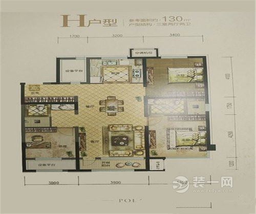 130平三居室新古典风装修户型图