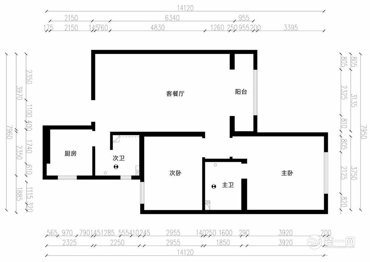 天津海宁湾101平米两居室原始户型图