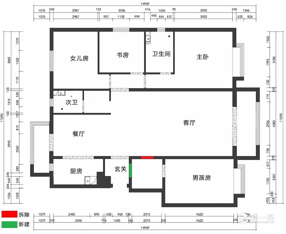 天津枫丹天城150平米四居室拆改示意图