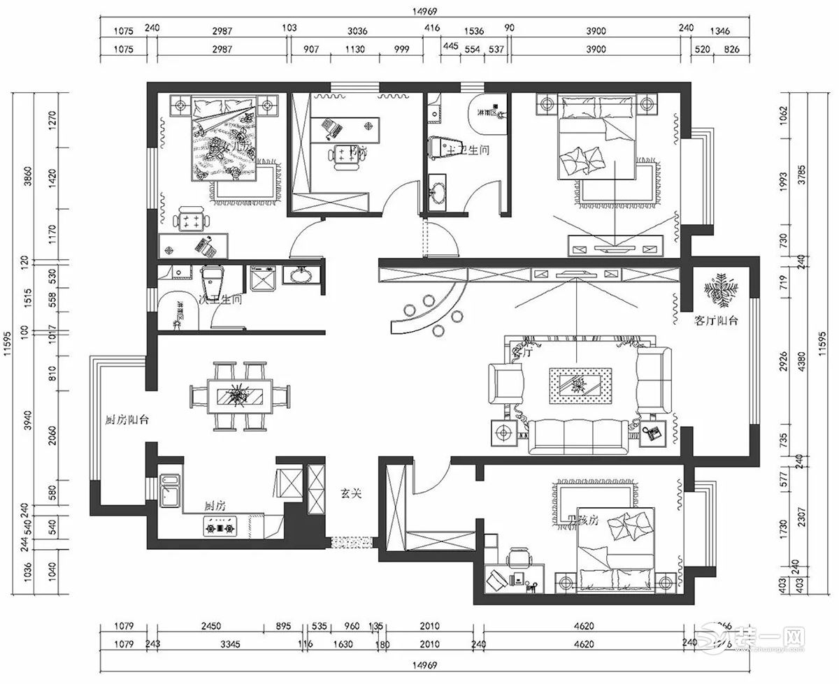 天津枫丹天城150平米四居室平面布局图