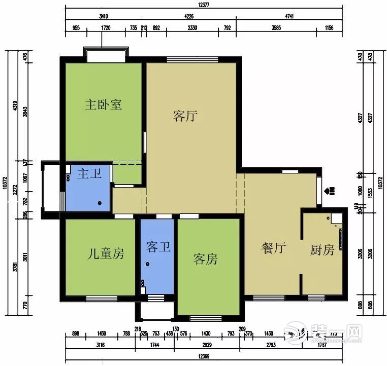 天津融创中心128平米三室两厅户型图