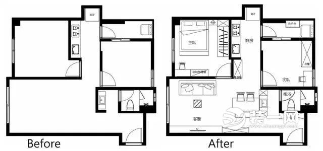 53平米两居室前后户型图对比