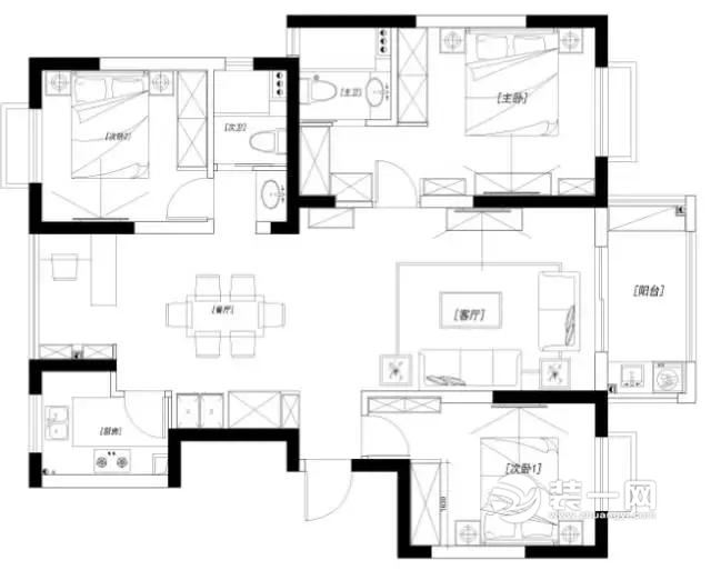 125平米三室两厅新中式风格装修平面设计图