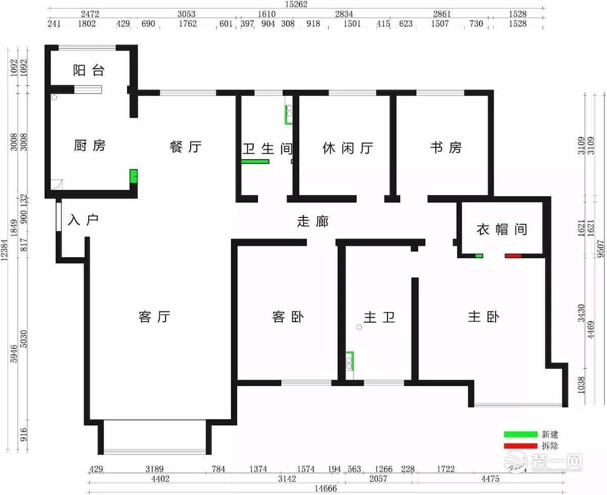 天津融创臻园165平四居室拆改示意图