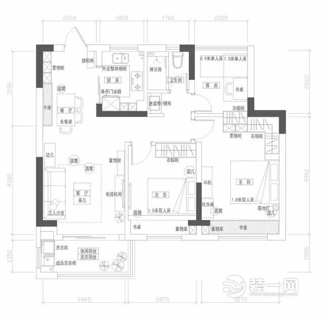 82平米小户型三室两厅现代美式风格装修效果图