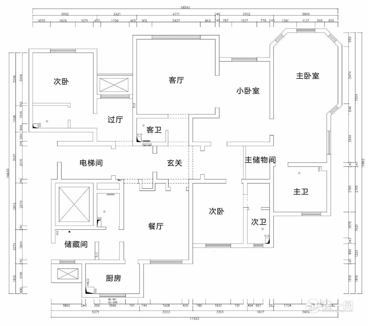 天津海宁湾249平米四居室原始户型图