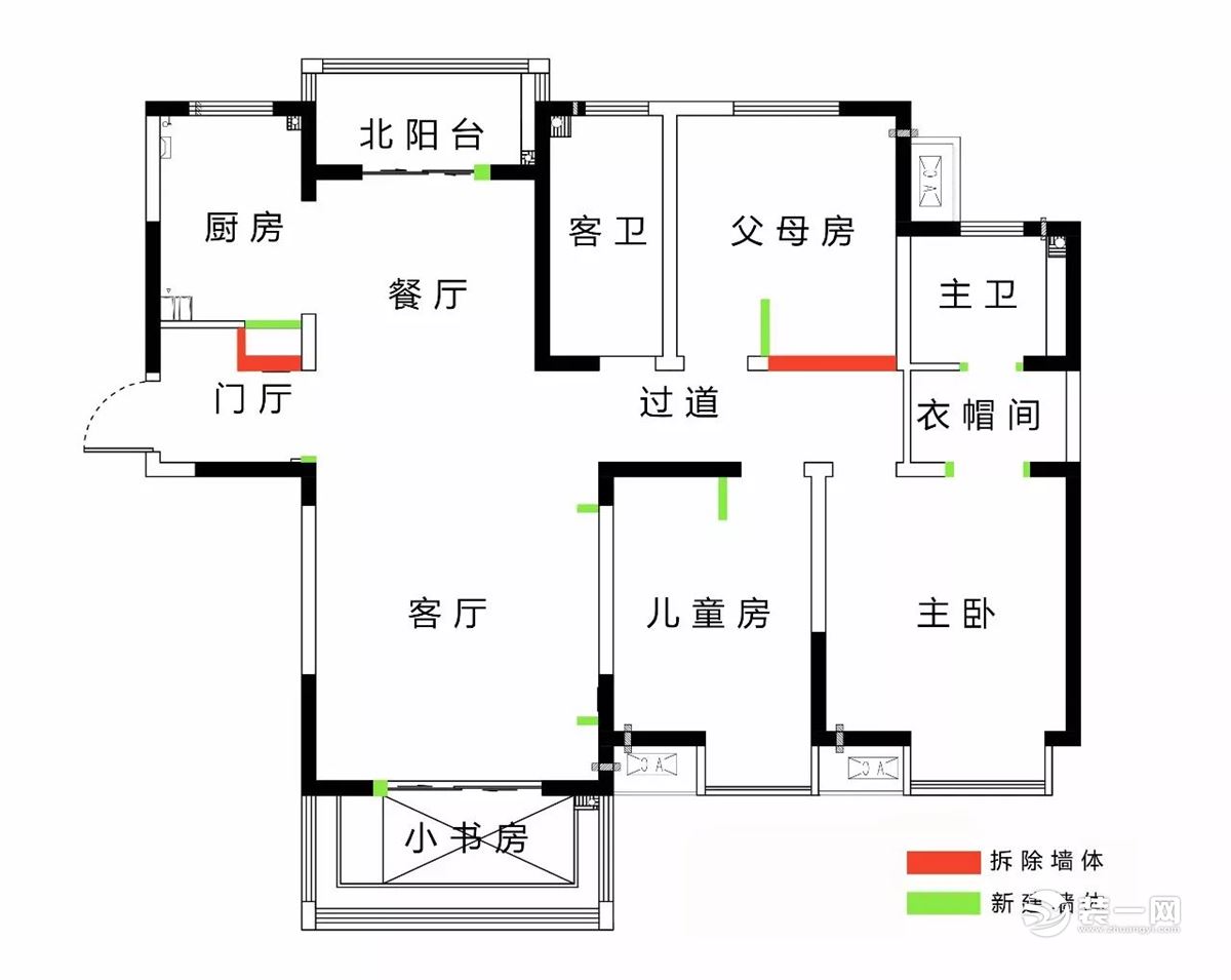 天津海逸长洲141平米三居室拆改示意图