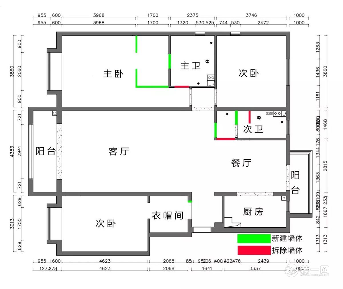 天津枫丹天城166平米三居室拆改示意图