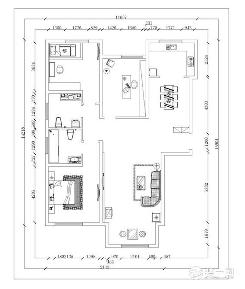 天津金桥公园123平米三室两厅一厨两卫户型图