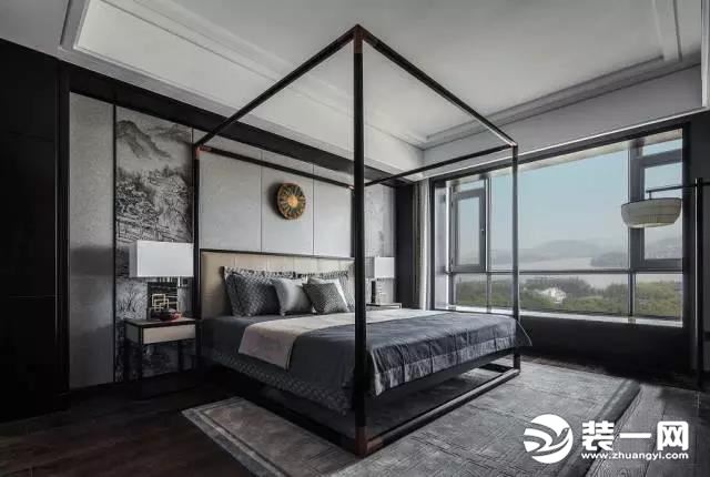 佛山誉巢别墅装饰公司推荐暗色系新中式风格卧室装修案例