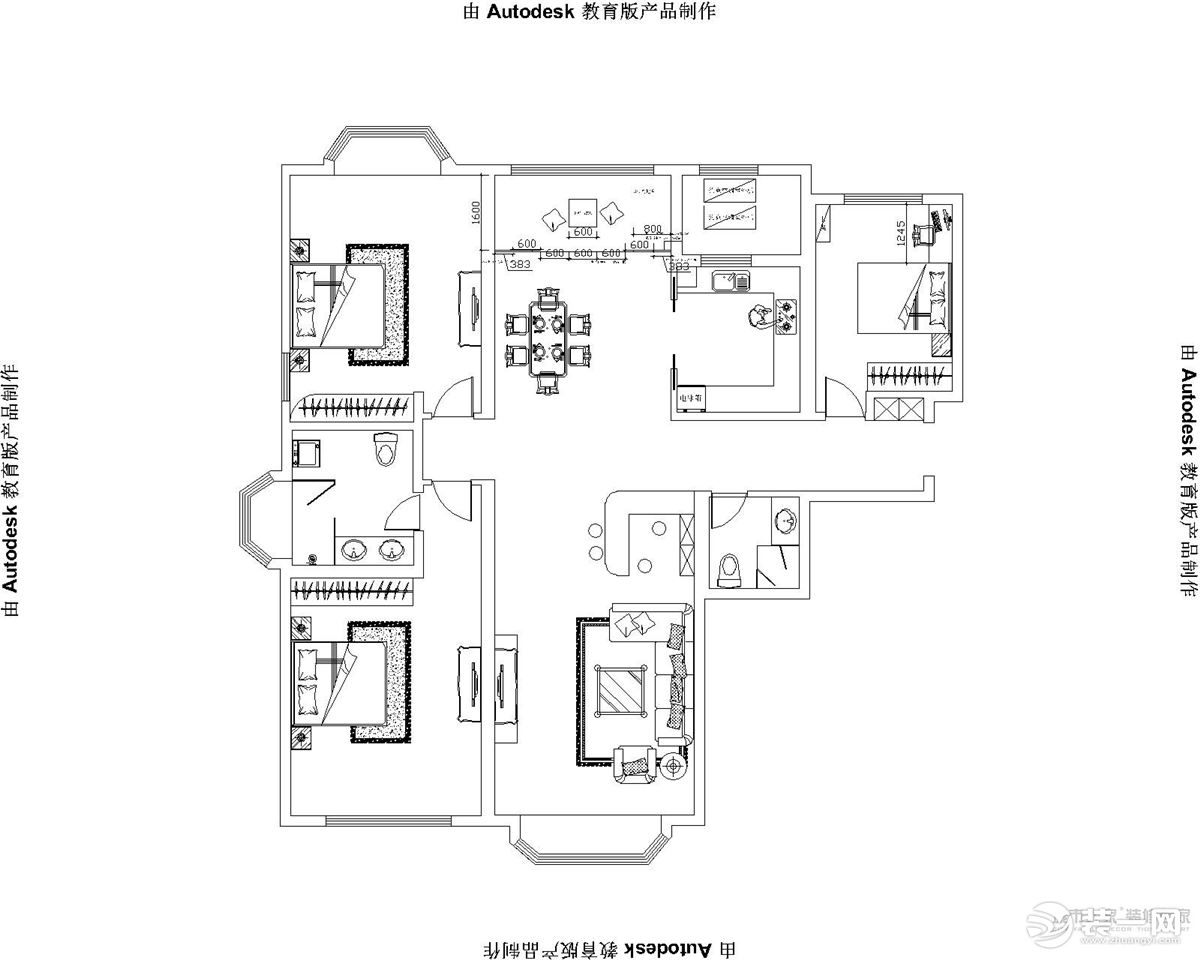 天津大都会198平米三居室户型图