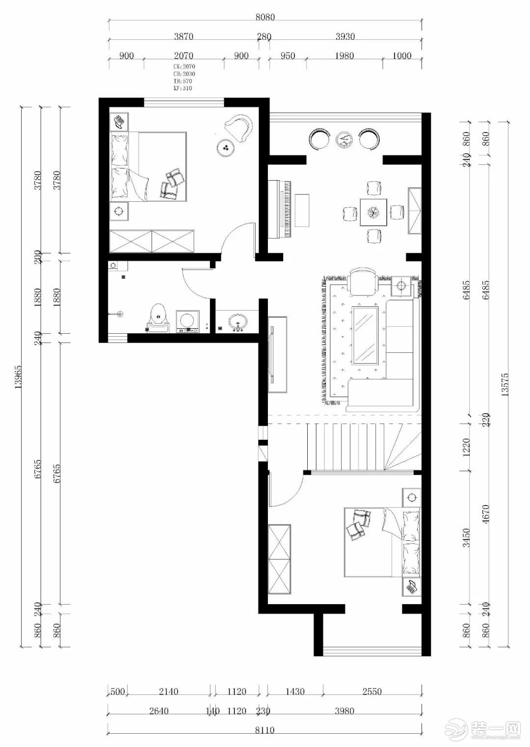 天津团泊逸湖岸120平叠拼户型二层平面布局图