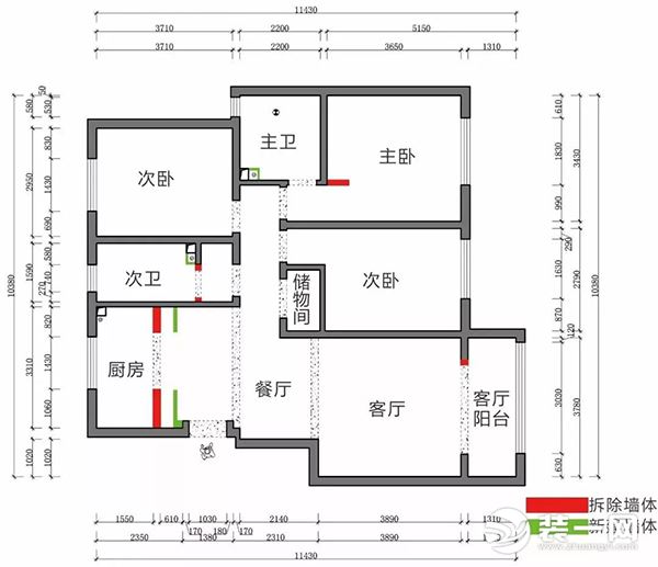 天津景瑞悦府120平米三居室拆改示意图