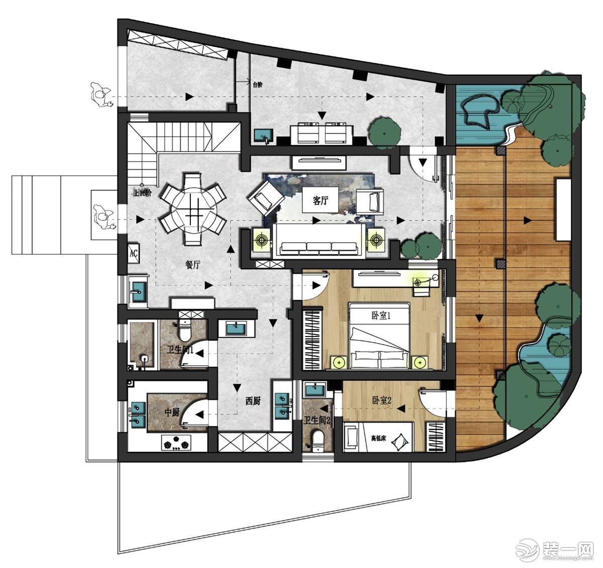 红花地180平新中式户型平面结构图