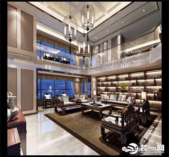 中海凤凰熙岸500平新中式风格别墅客厅装修效果图