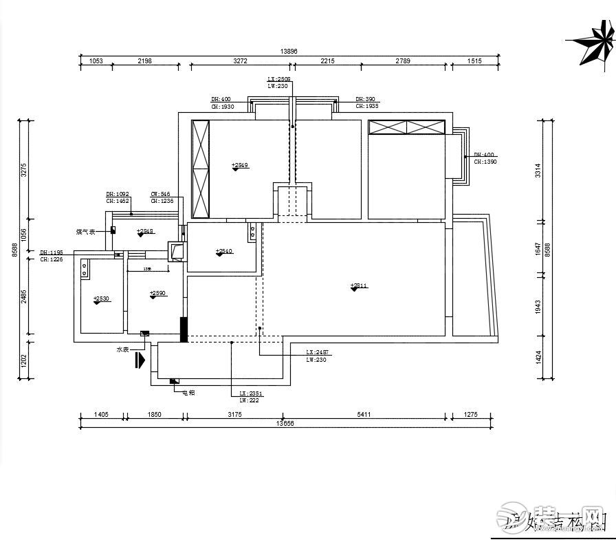 105平米三室两厅简美式风格旧房改造水电施工图