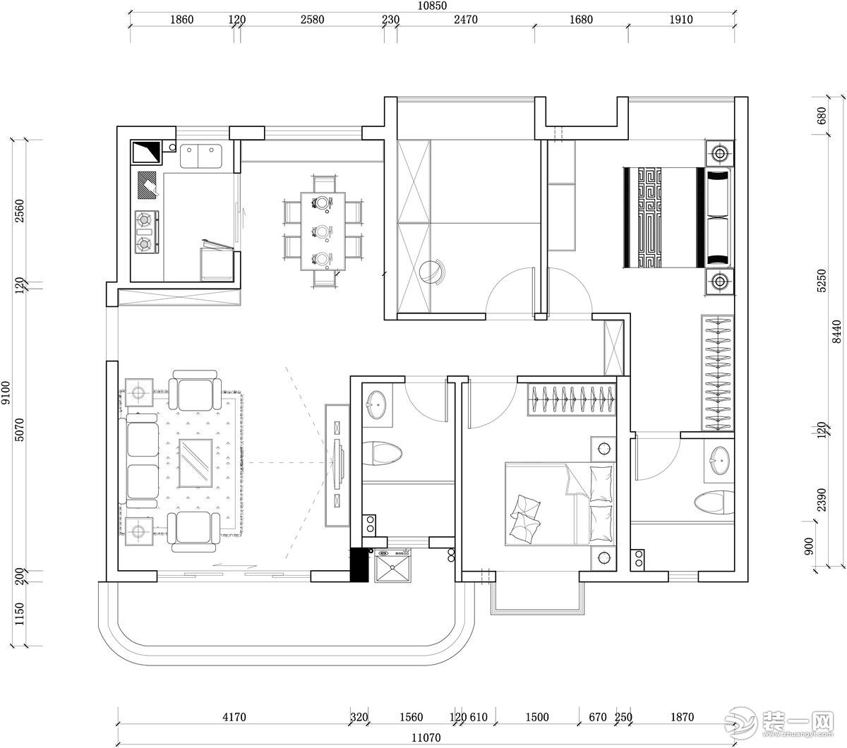 117平三居室现代简约风户型图