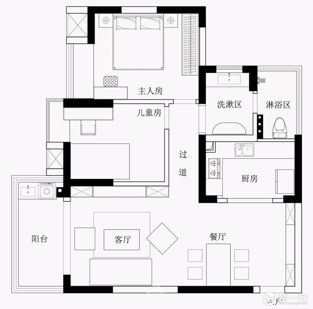 小户型二居室美式风格平面布置图