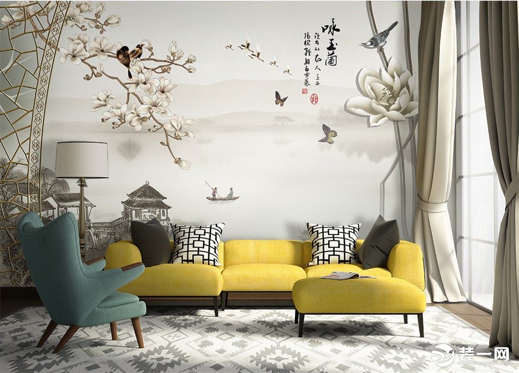 手绘沙发背景墙现代中式风格效果图