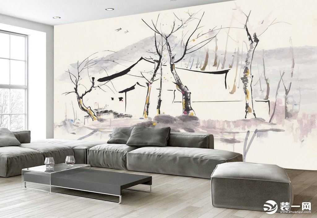 手绘沙发背景墙中式山水画效果图
