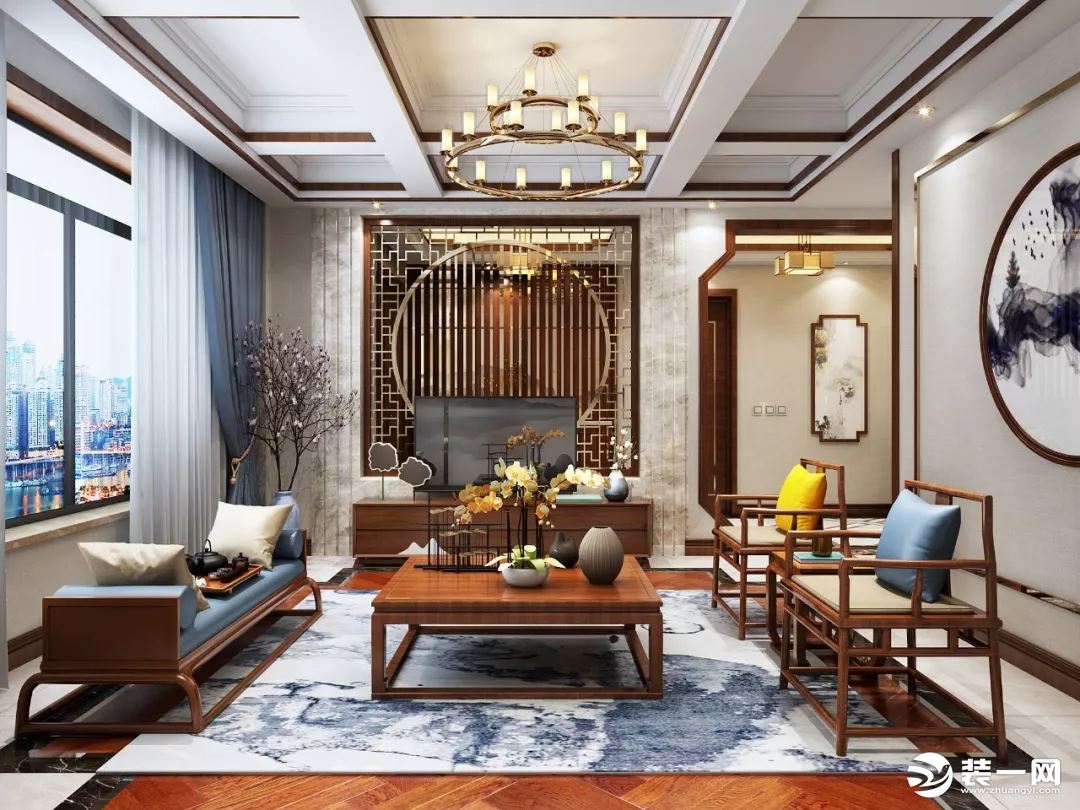 青岛装饰公司温泉小镇新中式风格大户型客厅装修效果图